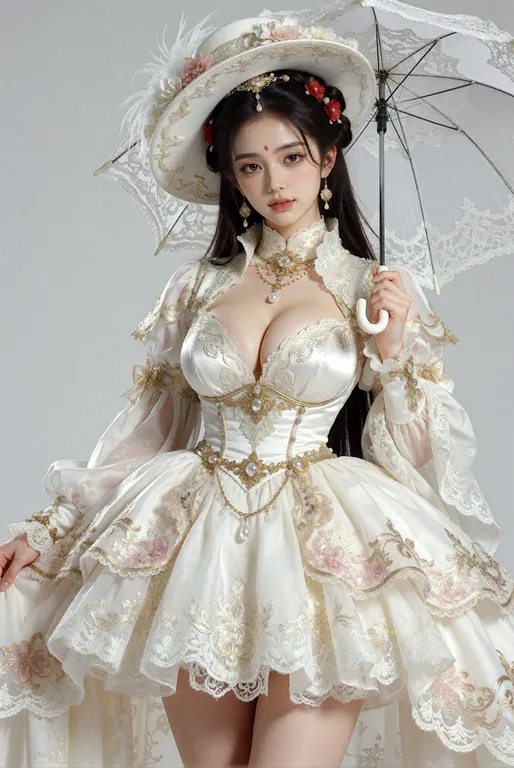 一位身材极致火辣的东方古典美女，长直黑亮长发及腰，头发带有自然光泽，搭配红色花朵发饰和金色发簪，眉心一点鲜红印记，脸庞精致五官立体，红唇丰润微启，眼神妩媚自信略带魅惑，皮肤白皙细腻带有珠光质感，身材高挑丰满，胸部丰挺腰肢纤细，臀部圆润翘挺，… — by kessness, made with ComfyUI