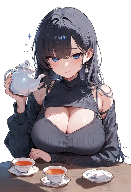 masterpiece, best quality, score_7, safe, tea set, 1girl, solo, upper body, simple background — by k3scat, made with ComfyUI
