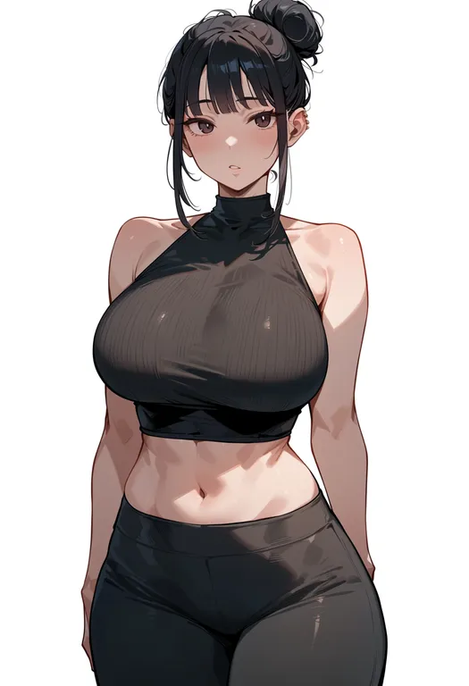 masterpiece, best quality, score_7, safe, hair bun, 1girl, solo, simple background — by k3scat, made with ComfyUI