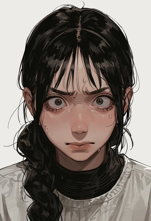 masterpiece, best quality, score_7, safe, panicking, 1girl, solo, portrait, simple background — by k3scat, made with ComfyUI