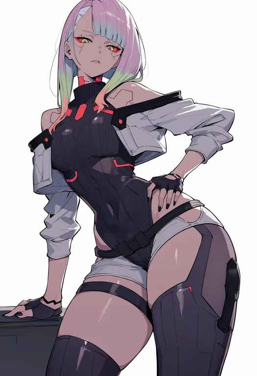 masterpiece, best quality, score_7, safe, cyberpunk (series), solo, simple background — by k3scat, made with ComfyUI