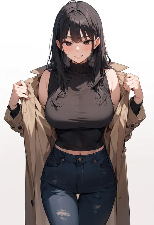 masterpiece, best quality, score_7, safe, open coat, 1girl, solo, simple background — by k3scat, made with ComfyUI