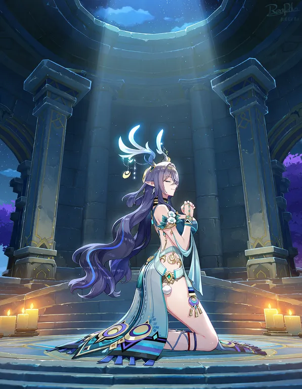 solo, sfw, woman, lauma_(genshin_impact), purple_hair, very_long_hair, wavy_hair, hair_between_eyes, branching_antlers… — by 破阵子, made with NovelAI