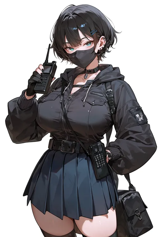 masterpiece, best quality, score_7, safe, walkie-talkie, 1girl, solo, simple background — by k3scat, made with ComfyUI