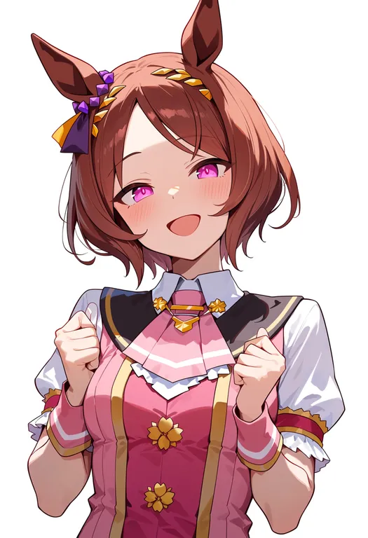 masterpiece, best quality, score_7, safe, sakura laurel (umamusume), umamusume, solo, upper body, simple background — by k3scat, made with ComfyUI