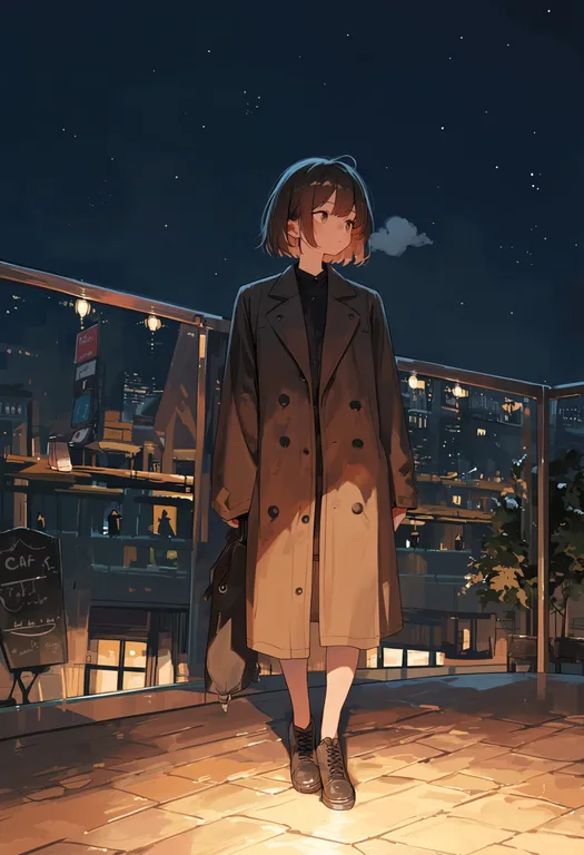 masterpiece, best quality, score_7, safe, cafe terrace at night, solo, simple background — by k3scat, made with ComfyUI