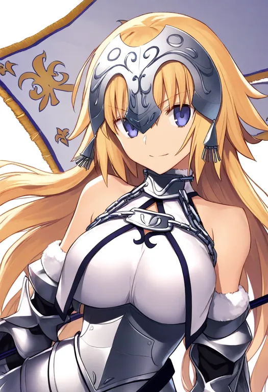 masterpiece, best quality, general, jeanne d'arc (third ascension) (fate), solo, upper body, simple background — by k3scat, made with ComfyUI