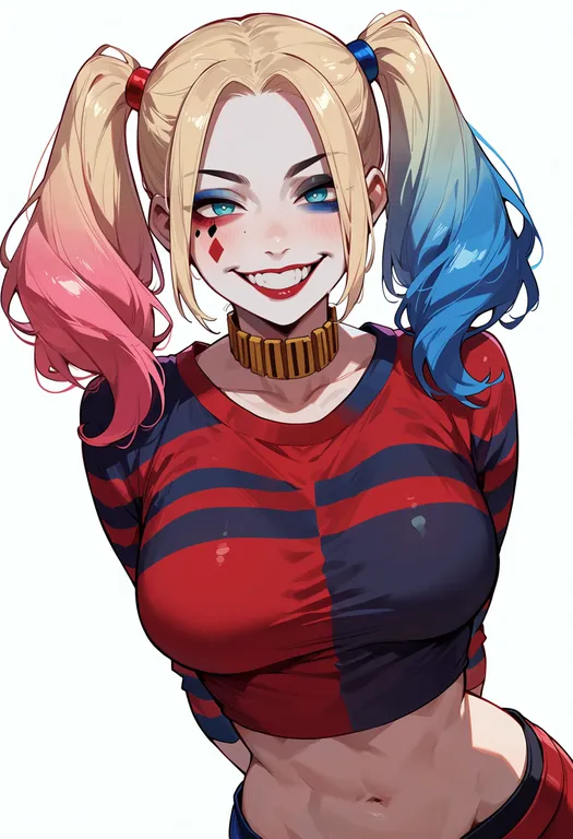 masterpiece, best quality, score_7, safe, harley quinn, solo, upper body, simple background — by k3scat, made with ComfyUI