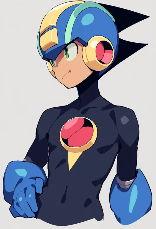 masterpiece, best quality, score_7, safe, geo stelar (mega man), solo, upper body, simple background — by k3scat, made with ComfyUI