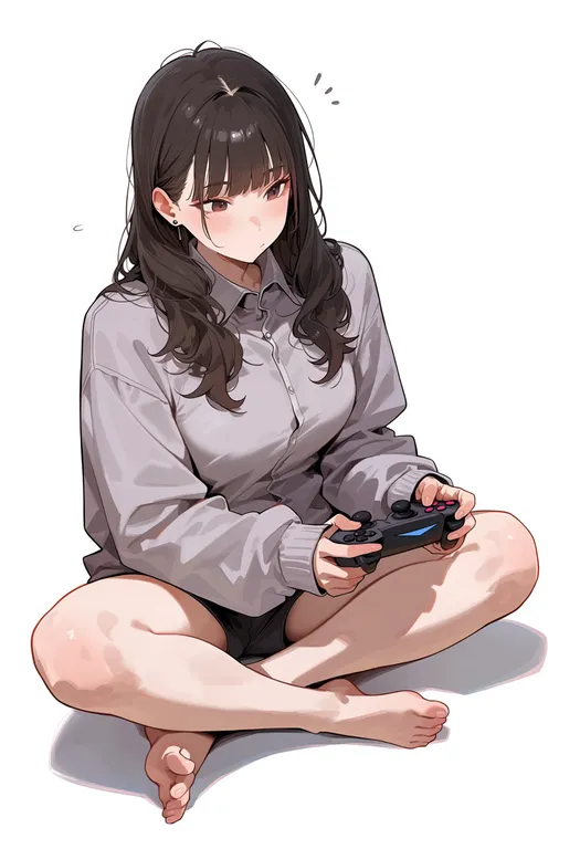 masterpiece, best quality, score_7, safe, playing games, 1girl, solo, full body, simple background — by k3scat, made with ComfyUI