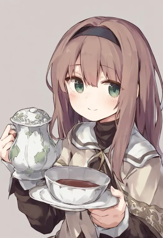 masterpiece, best quality, general, holding teapot, 1girl, solo, upper body, simple background — by k3scat, made with ComfyUI