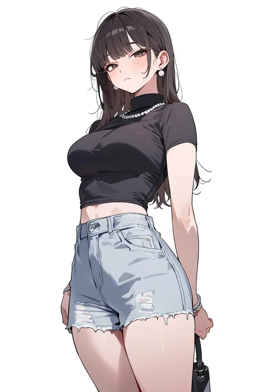 masterpiece, best quality, score_7, safe, pearl earrings, 1girl, solo, simple background — by k3scat, made with ComfyUI