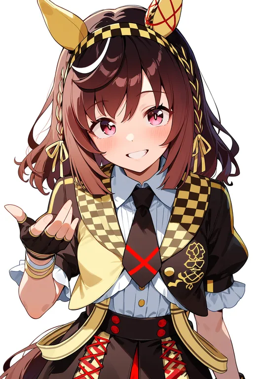 masterpiece, best quality, score_7, safe, buena vista (umamusume), umamusume, solo, upper body, simple background — by k3scat, made with ComfyUI