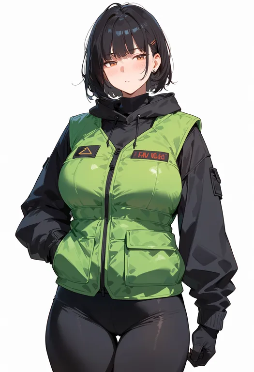 masterpiece, best quality, score_7, safe, green vest, 1girl, solo, simple background — by k3scat, made with ComfyUI