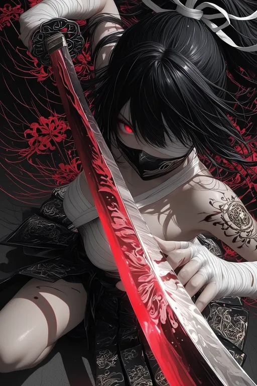(upper half body close up:1.3), character focus, 1 samurai girl, high ponytail, long black hair, hair tied up… — by Nick man, made with ComfyUI