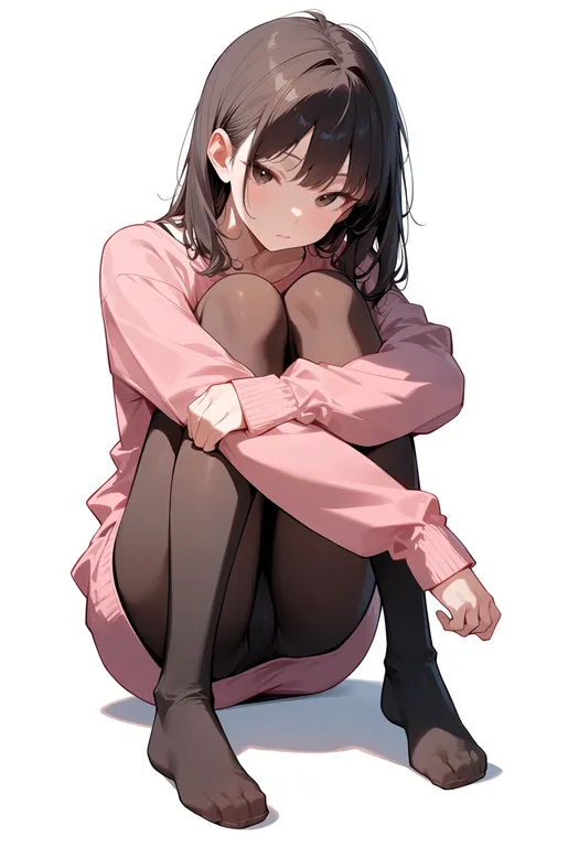 masterpiece, best quality, score_7, safe, hugging own legs, 1girl, solo, full body, simple background — by k3scat, made with ComfyUI