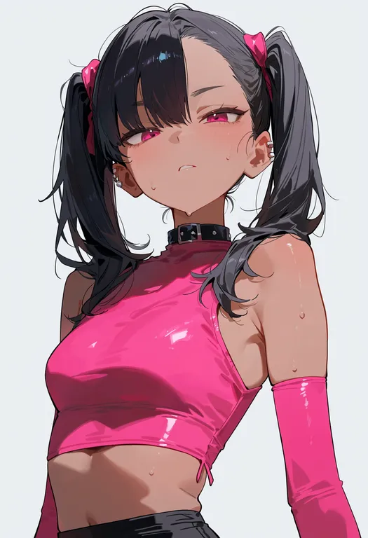 masterpiece, best quality, score_7, safe, pink gloves, 1girl, solo, upper body, simple background — by k3scat, made with ComfyUI