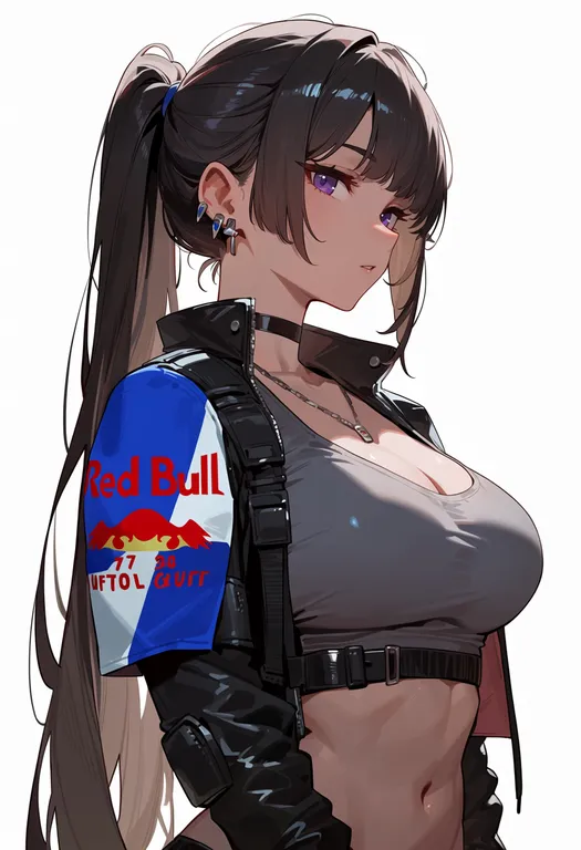 masterpiece, best quality, score_7, safe, red bull, 1girl, solo, upper body, simple background — by k3scat, made with ComfyUI