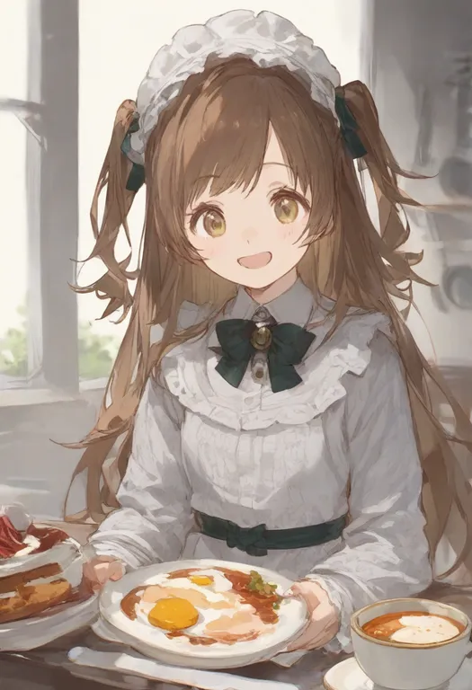 masterpiece, best quality, general, breakfast, 1girl, solo, upper body, simple background — by k3scat, made with ComfyUI