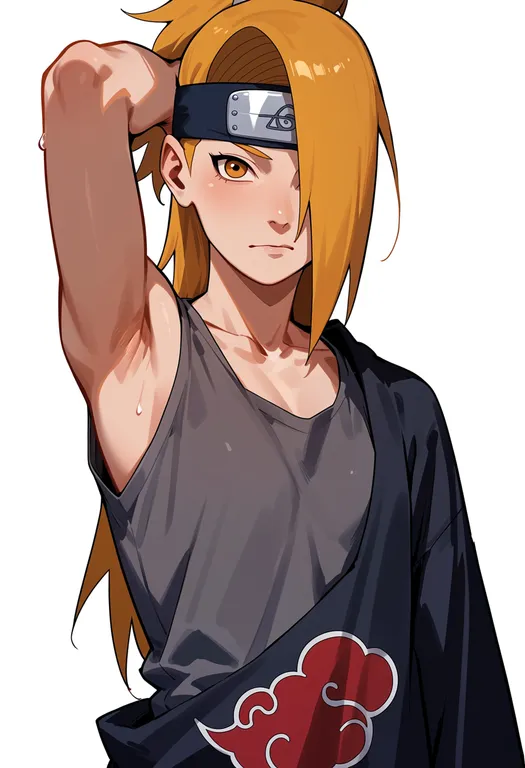 masterpiece, best quality, score_7, safe, deidara (naruto), naruto, solo, upper body, simple background — by k3scat, made with ComfyUI