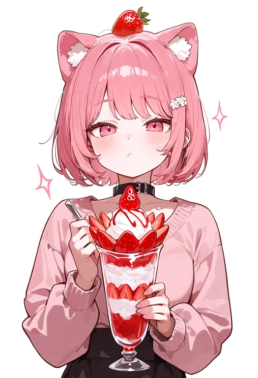 masterpiece, best quality, score_7, safe, strawberry parfait, 1girl, solo, upper body, simple background — by k3scat, made with ComfyUI