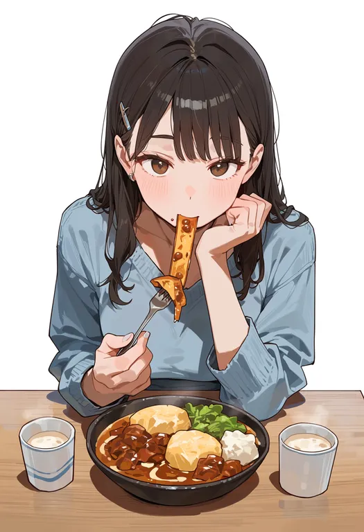 masterpiece, best quality, score_7, safe, meal, 1girl, solo, upper body, simple background — by k3scat, made with ComfyUI
