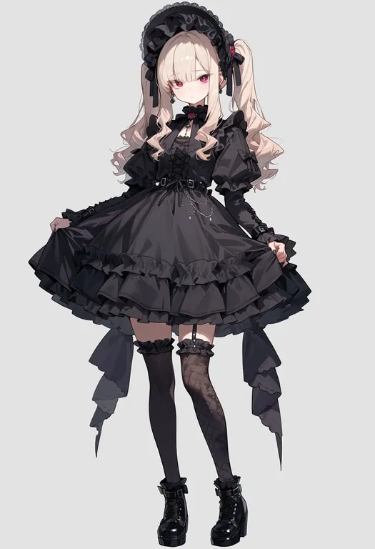 masterpiece, best quality, score_7, safe, gothic lolita, 1girl, solo, full body, simple background — by k3scat, made with ComfyUI