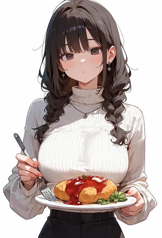 masterpiece, best quality, score_7, safe, holding plate, 1girl, solo, upper body, simple background — by k3scat, made with ComfyUI