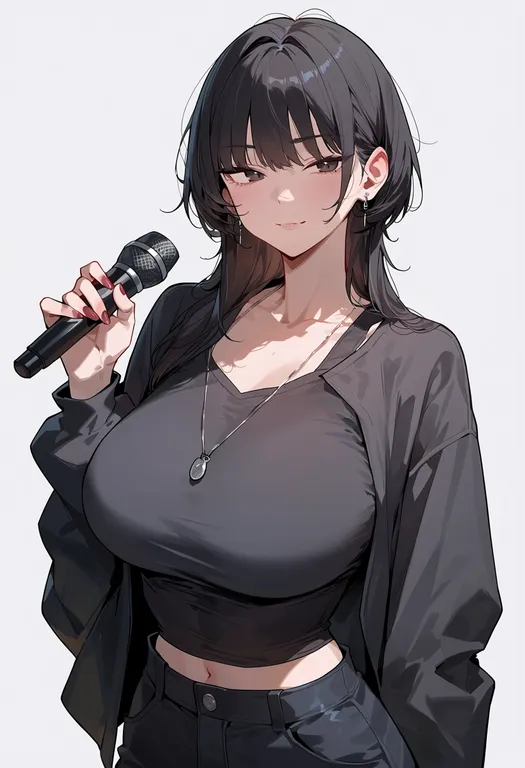 masterpiece, best quality, score_7, safe, microphone, 1girl, solo, simple background — by k3scat, made with ComfyUI