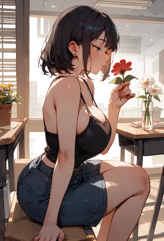 masterpiece, best quality, score_7, safe, smelling flower, 1girl, solo — by k3scat, made with ComfyUI