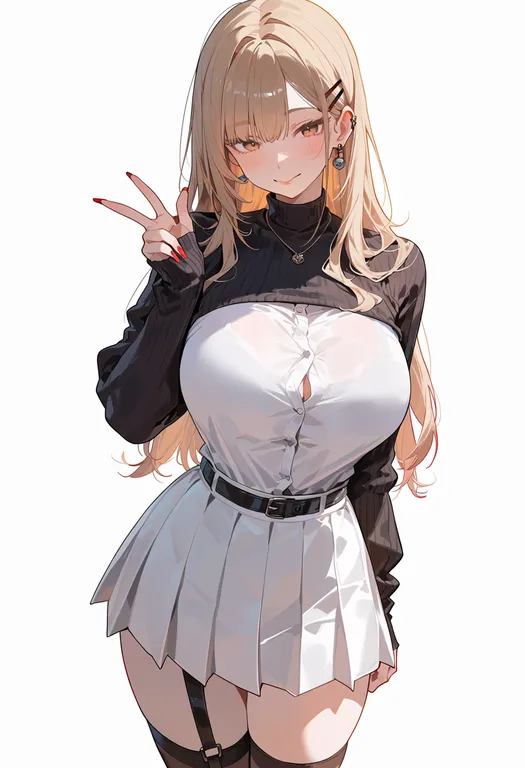 masterpiece, best quality, score_7, safe, white skirt, 1girl, solo, simple background — by k3scat, made with ComfyUI