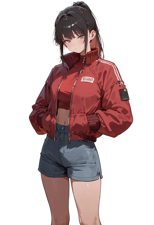 masterpiece, best quality, score_7, safe, red jacket, 1girl, solo, simple background — by k3scat, made with ComfyUI