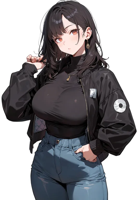 masterpiece, best quality, score_7, safe, black jacket, 1girl, solo, simple background — by k3scat, made with ComfyUI