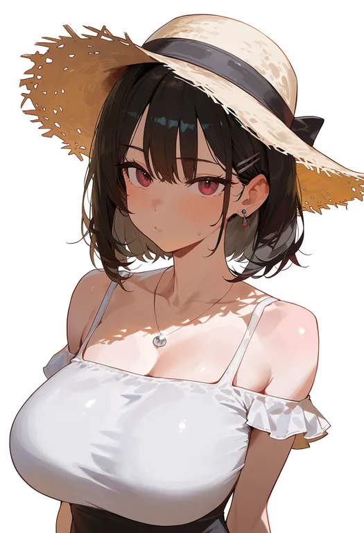 masterpiece, best quality, score_7, safe, straw hat, 1girl, solo, upper body, simple background — by k3scat, made with ComfyUI