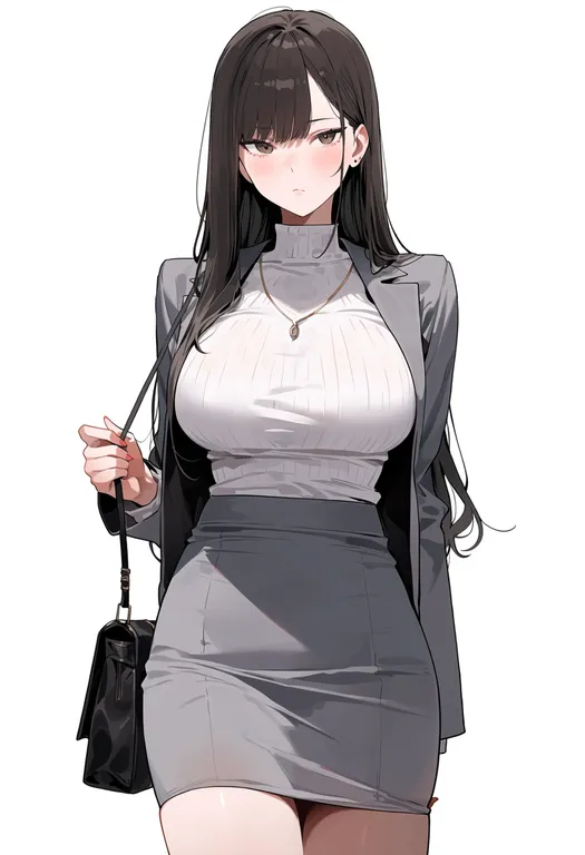 masterpiece, best quality, score_7, safe, grey skirt, 1girl, solo, simple background — by k3scat, made with ComfyUI