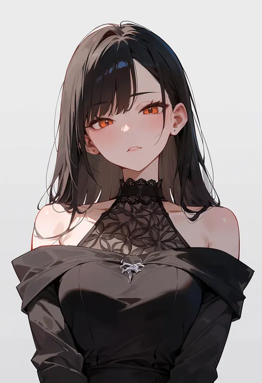 masterpiece, best quality, score_7, safe, off-shoulder dress, 1girl, solo, upper body, simple background — by k3scat, made with ComfyUI