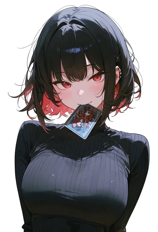 masterpiece, best quality, score_7, safe, card in mouth, 1girl, solo, upper body, simple background — by k3scat, made with ComfyUI
