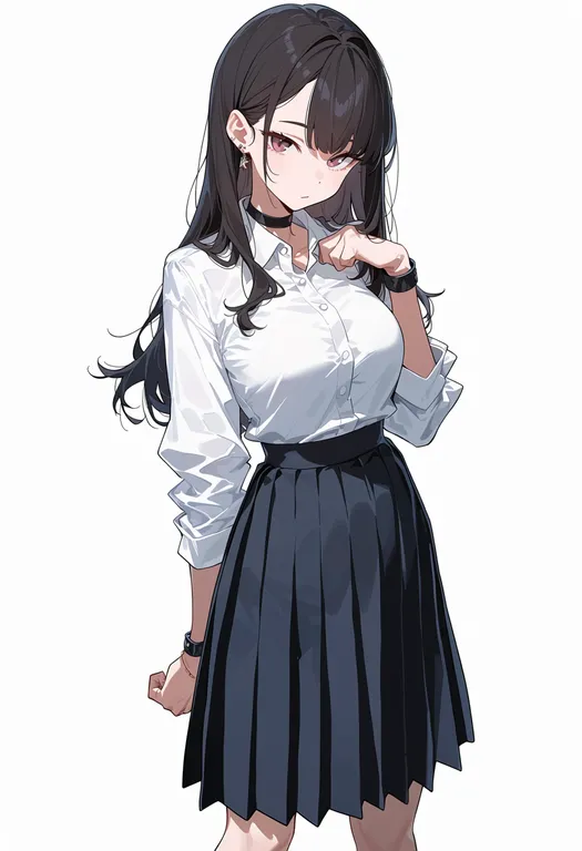 masterpiece, best quality, score_7, safe, medium skirt, 1girl, solo, simple background — by k3scat, made with ComfyUI