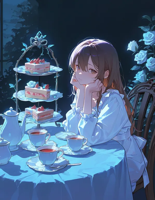 absurdres, masterpiece, score_7, score_8, g0thic n30n, neon lights, 1girl, solo, food, long hair, table, flower, cup… — by k3scat, made with ComfyUI