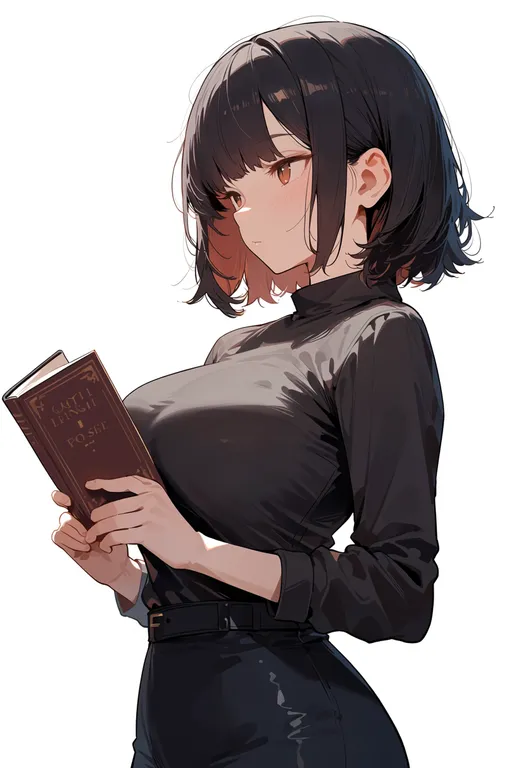 masterpiece, best quality, score_7, safe, holding book, 1girl, solo, upper body, simple background — by k3scat, made with ComfyUI