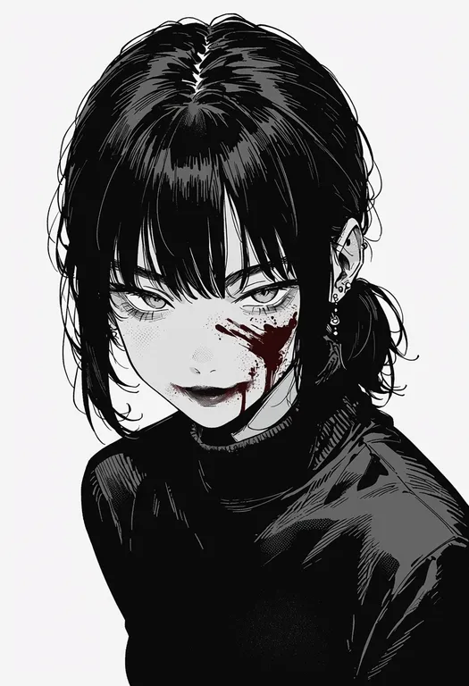 masterpiece, best quality, score_7, safe, blood on face, 1girl, solo, simple background — by k3scat, made with ComfyUI