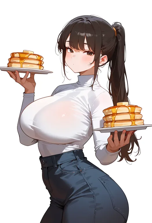 masterpiece, best quality, score_7, safe, pancake, 1girl, solo, upper body, simple background — by k3scat, made with ComfyUI