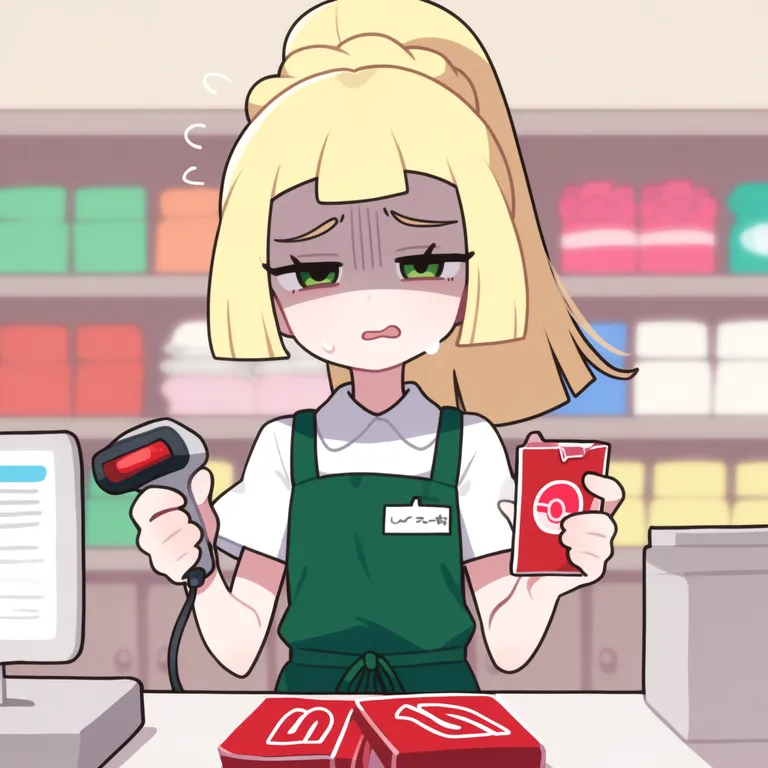@lattes2, year 2025, cashier, lillie (pokemon), condom wrapper, convenience_store, holding barcode scanner, store clerk, — by pmgsl, made with ComfyUI