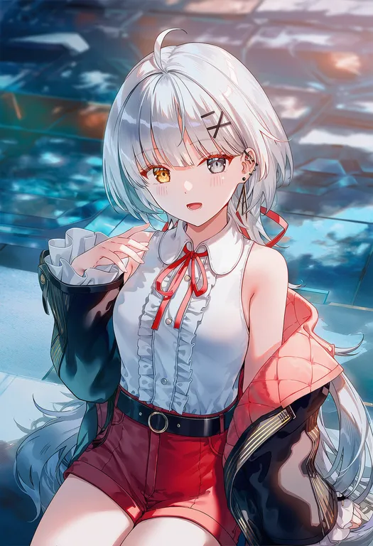 hiyuki \(wuthering waves\), loli, mesugaki, 1girl, bare shoulders, large breasts, white hair, red eyes, ahoge… — by 三叶草, made with NovelAI