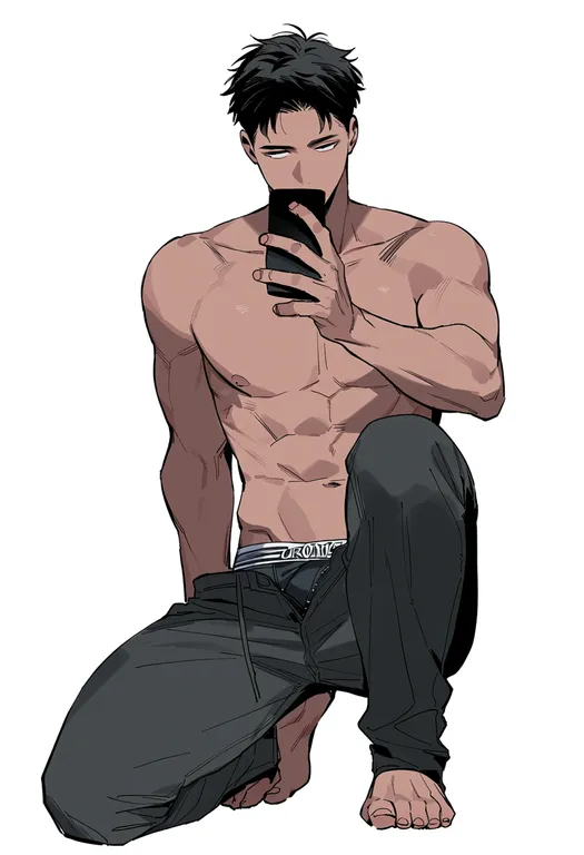 masterpiece, best quality, score_7, safe, male underwear peek, 1boy, solo, simple background — by k3scat, made with ComfyUI