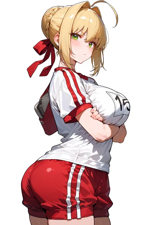 masterpiece, best quality, score_7, safe, nero claudius (olympian bloomers) (fate), solo, upper body, simple background — by k3scat, made with ComfyUI
