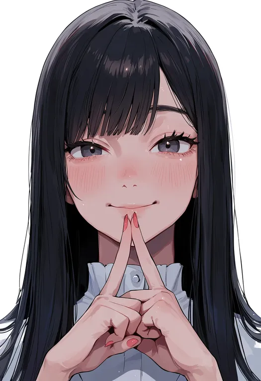 masterpiece, best quality, score_7, safe, fingersmile, 1girl, solo, portrait, simple background — by k3scat, made with ComfyUI