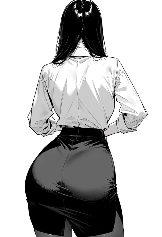 masterpiece, best quality, score_7, safe, pencil skirt, 1girl, solo, simple background — by k3scat, made with ComfyUI