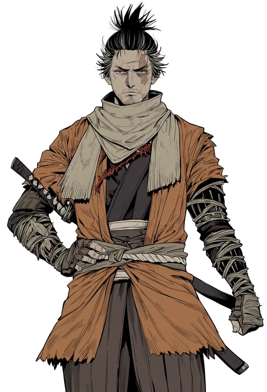 masterpiece, best quality, score_7, safe, sekiro: shadows die twice, solo, simple background — by k3scat, made with ComfyUI