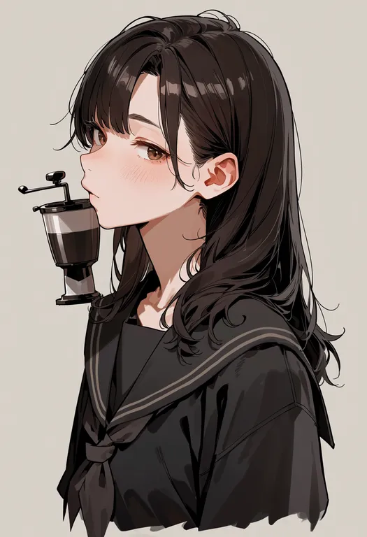 masterpiece, best quality, score_7, safe, coffee grinder, 1girl, solo, upper body, simple background — by k3scat, made with ComfyUI